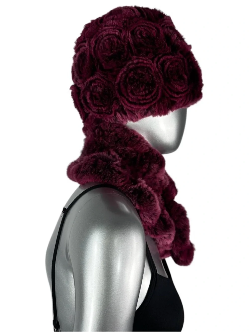 Rose REX RABBIT Hat and Scarf w/Rosettes, One Size 21”-23” w/Stretch, Certified